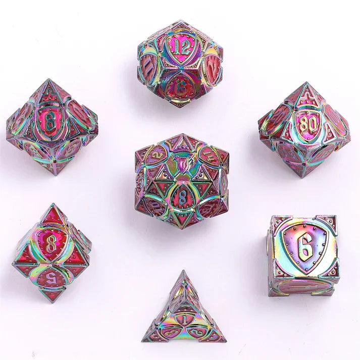 Fighter Solid Metal Polyhedral Dice Set-Rainbow w/UV-reactive Red | Gear Gaming Bentonville