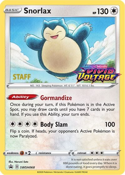 Snorlax (SWSH068) (Staff Prerelease Promo) [Sword & Shield: Black Star Promos] | Gear Gaming Bentonville