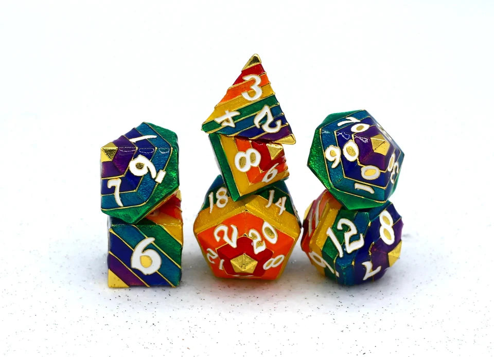 Rainbow Pride Solid Metal Dice Set - Gold with White Dice Set | Gear Gaming Bentonville