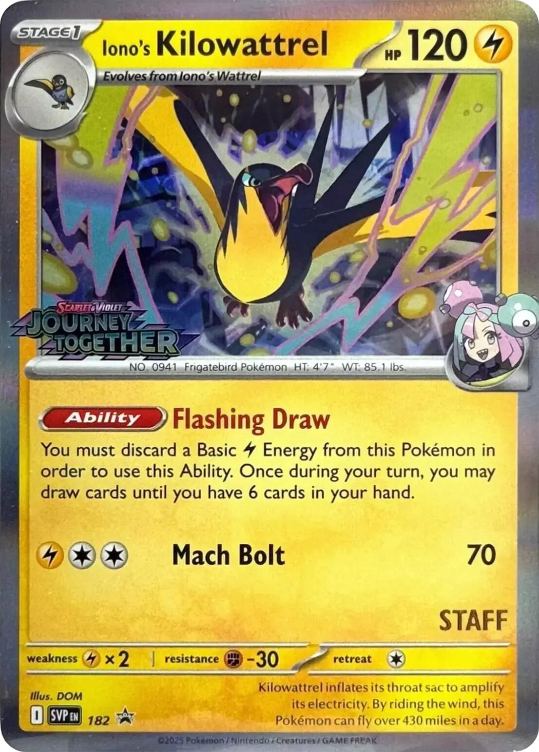 Iono's Kilowattrel (182) (Prerelease Staff) [Scarlet & Violet: Black Star Promos] | Gear Gaming Bentonville