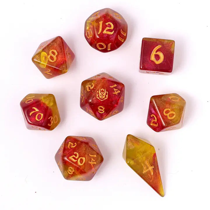 Wyrmforged Rollers-  Rounded edge 8-piece Polyhedral Dice Set: Phoenix Feather | Gear Gaming Bentonville