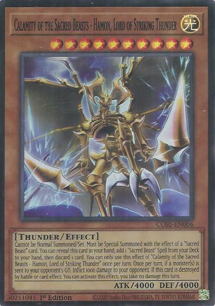 Calamity of the Sacred Beasts - Hamon, Lord of Striking Thunder [CORI-EN006] Super Rare | Gear Gaming Bentonville