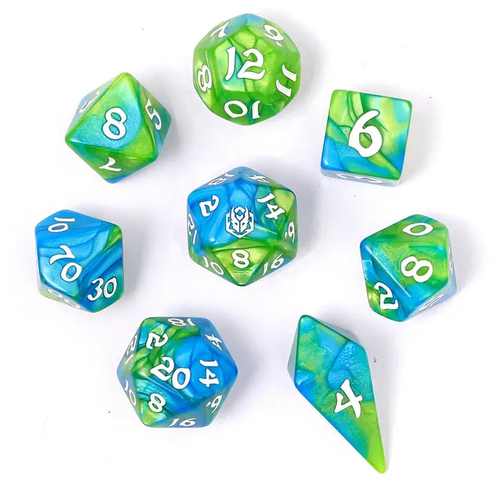 Wyrmforged Rollers-  Rounded edge 8-piece Polyhedral Dice Set: Verdent Stream | Gear Gaming Bentonville