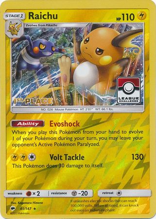 Raichu (41/147) (League Promo 1st Place) [Sun & Moon: Burning Shadows] | Gear Gaming Bentonville