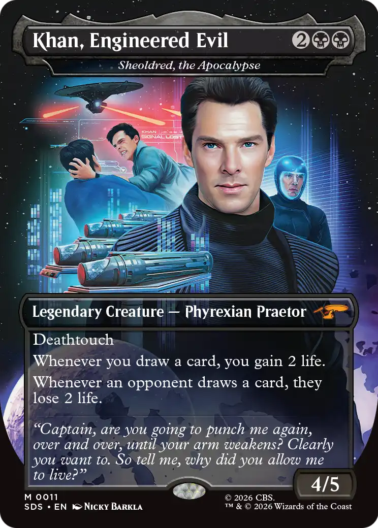 Khan, Engineered Evil - Sheoldred, the Apocalypse (Borderless) [Star Trek: Stardates] | Gear Gaming Bentonville