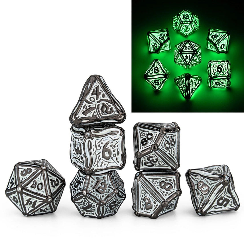 Glow in the Dark Solid Metal Druid Polyhedral Dice Set | Gear Gaming Bentonville