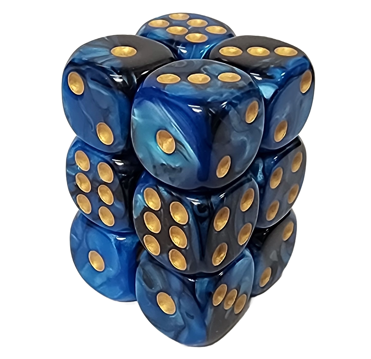 Black+Blue w/Gold 16mm D6 block of 12 dice | Gear Gaming Bentonville