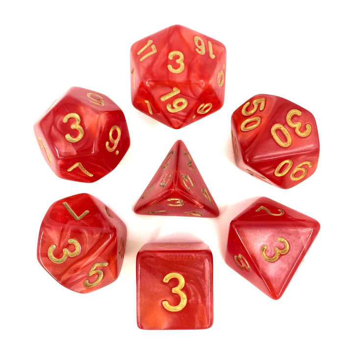 Red with Gold Numbers Translucent 7pcs Dice Set | Gear Gaming Bentonville