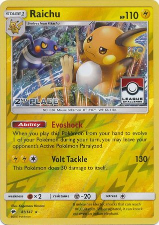 Raichu (41/147) (League Promo 2nd Place) [Sun & Moon: Burning Shadows] | Gear Gaming Bentonville