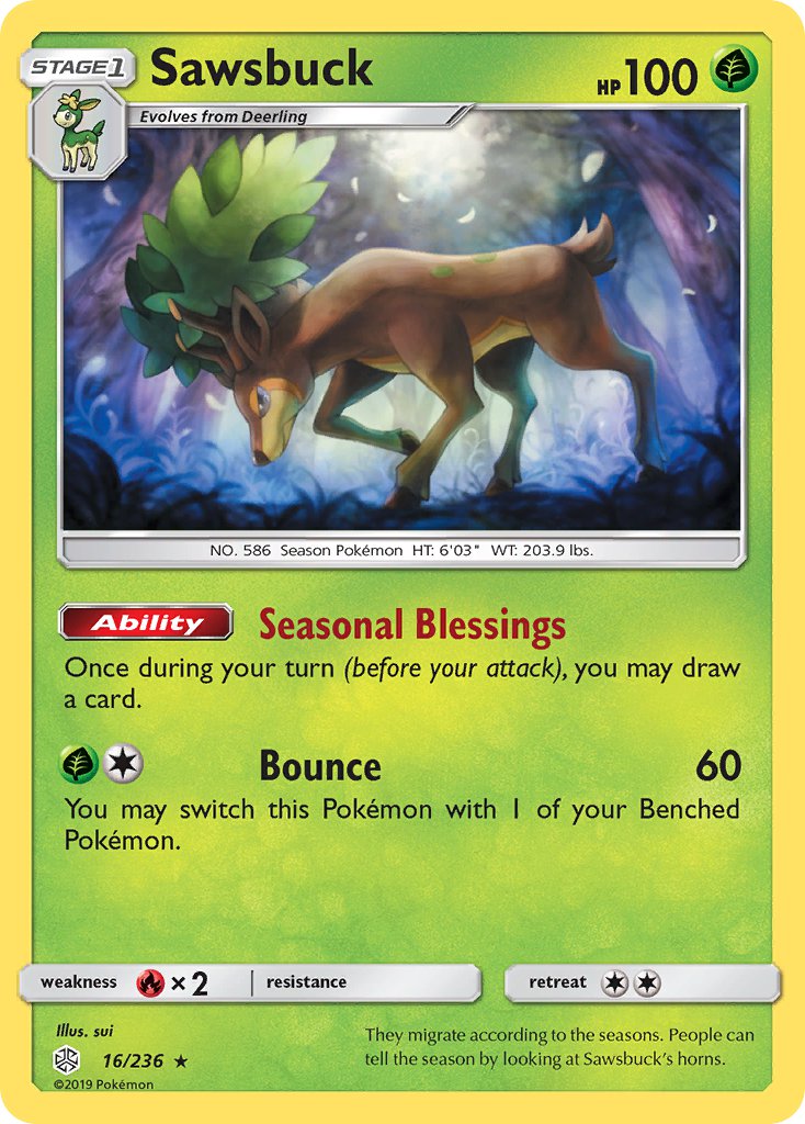 Sawsbuck (16/236) (Prerelease Kit Exclusive) (Theme Deck Exclusive) [Sun & Moon: Cosmic Eclipse] | Gear Gaming Bentonville