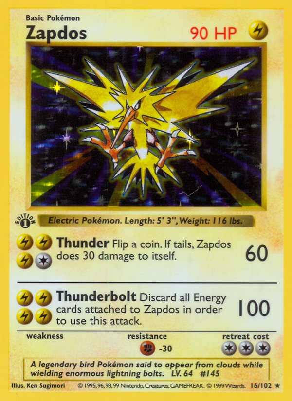 Zapdos (16/102) (Shadowless) [Base Set 1st Edition] | Gear Gaming Bentonville