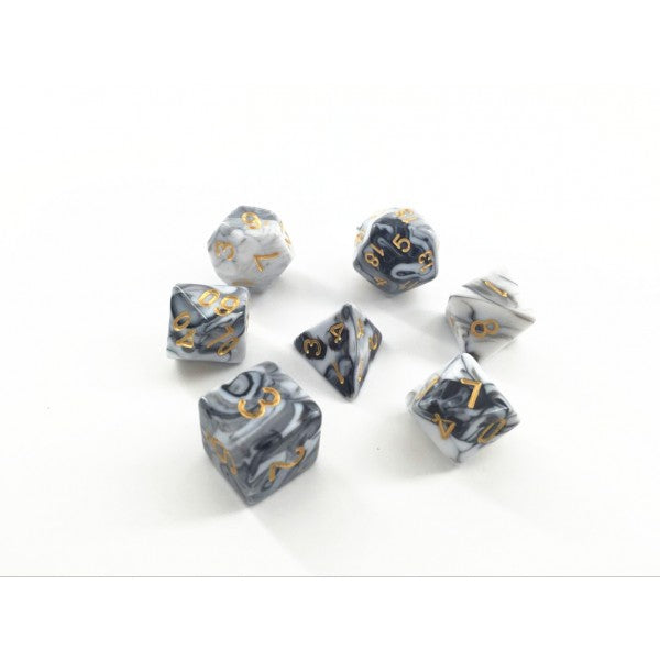 Black+White Blend Gold Font 7pcs Dice Set | Gear Gaming Bentonville