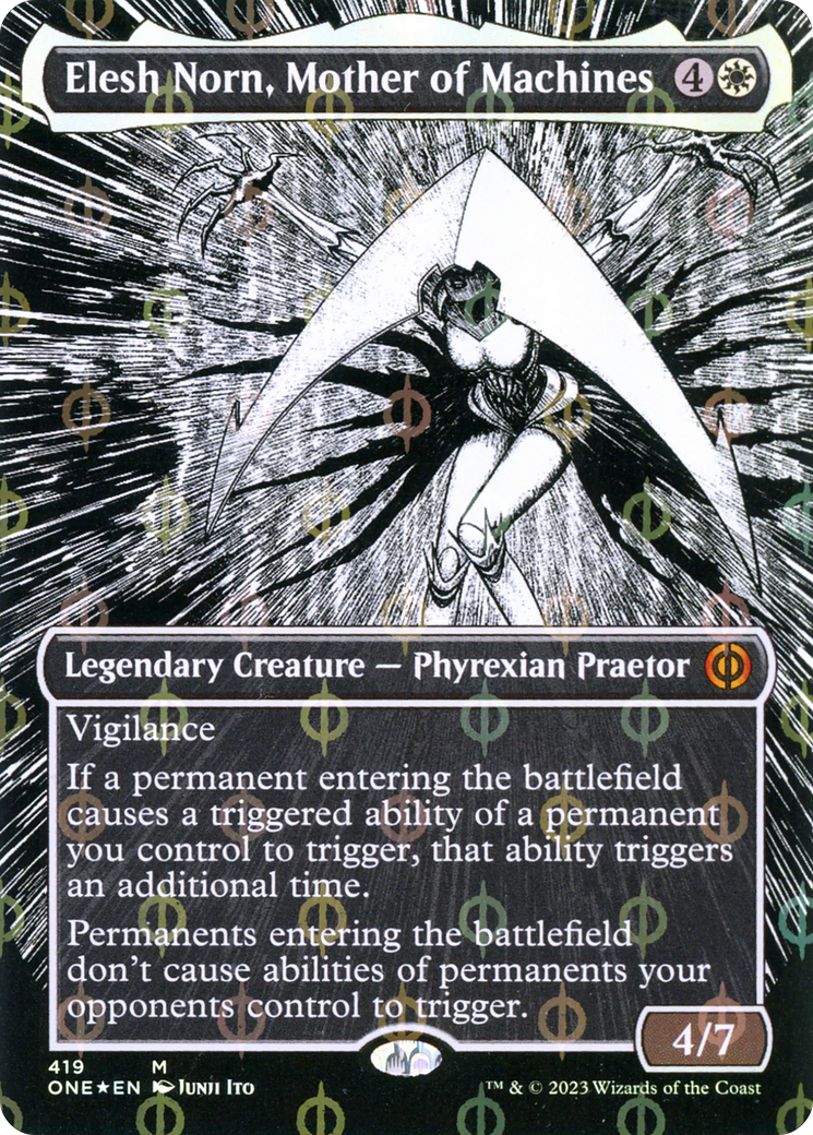 Elesh Norn, Mother of Machines (Borderless Manga Step-and-Compleat Foil) [Phyrexia: All Will Be One] | Gear Gaming Bentonville