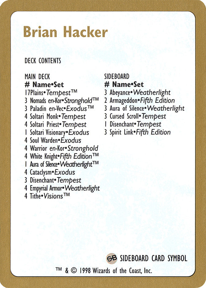 Brian Hacker Decklist [World Championship Decks 1998] | Gear Gaming Bentonville